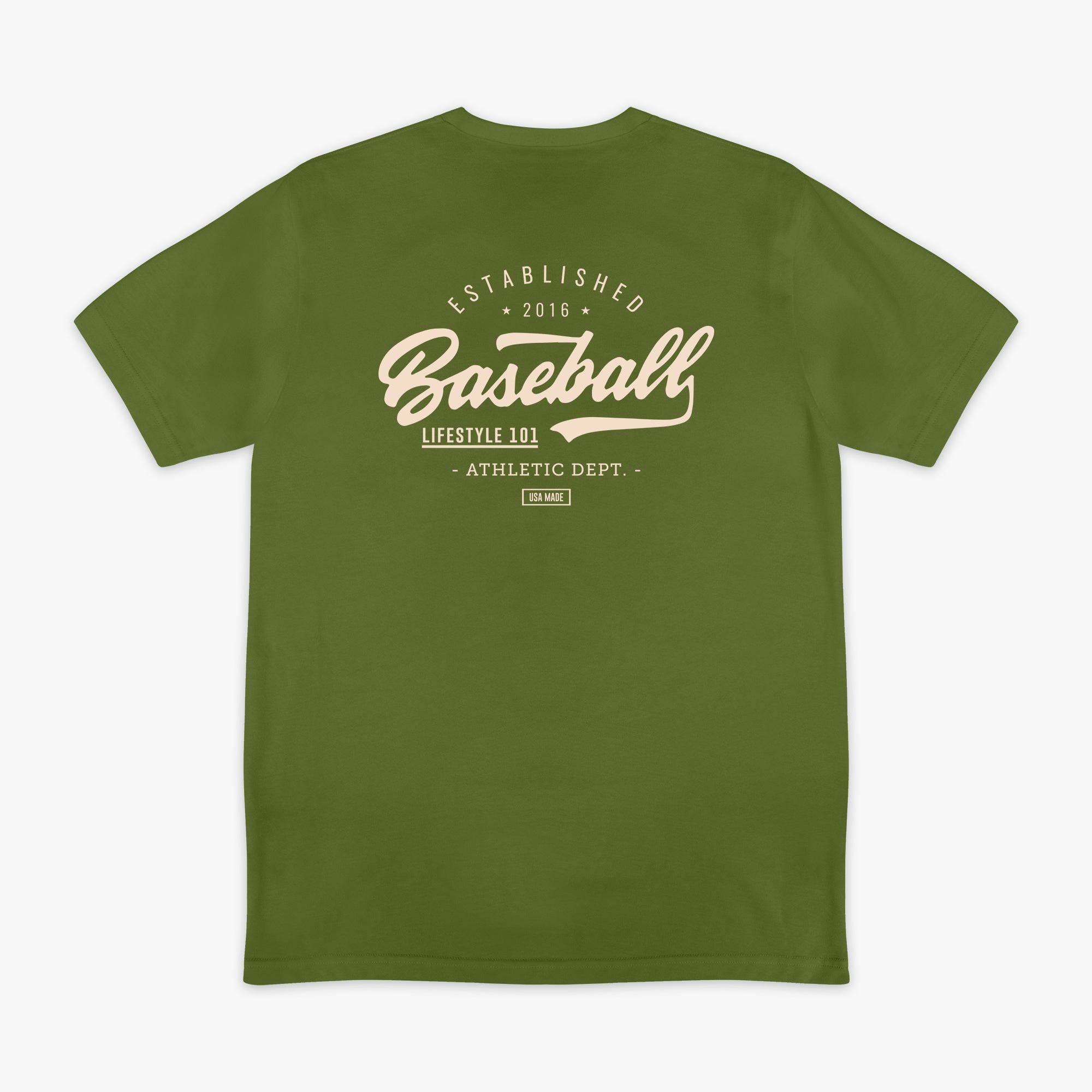 Olive green baseball graphic T- Shirt with vintage white lettering that says 'Established 2016 Baseball Lifestyle 101 Athletic Dept. USA Made'. 