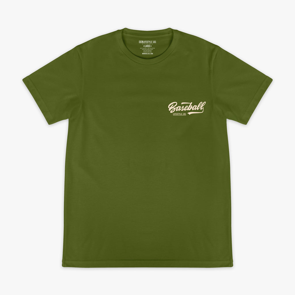 Olive green baseball graphic T- Shirt with vintage white lettering that says 'Baseball Lifestyle 101' in top corner. 