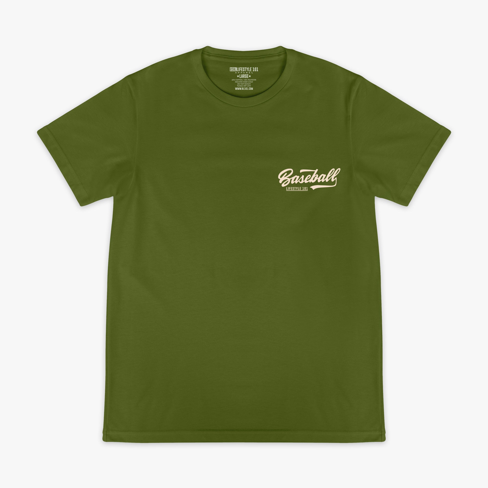 Olive green baseball graphic T- Shirt with vintage white lettering that says 'Baseball Lifestyle 101' in top corner. 