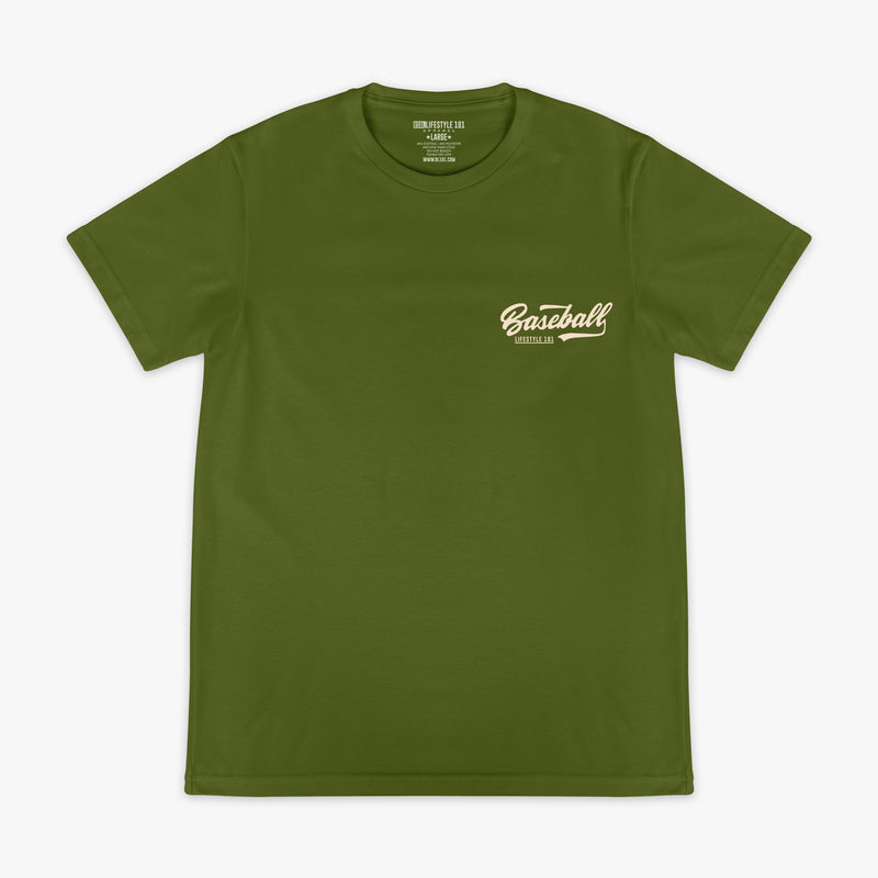 Olive green baseball graphic T- Shirt with vintage white lettering that says 'Baseball Lifestyle 101' in top corner. 