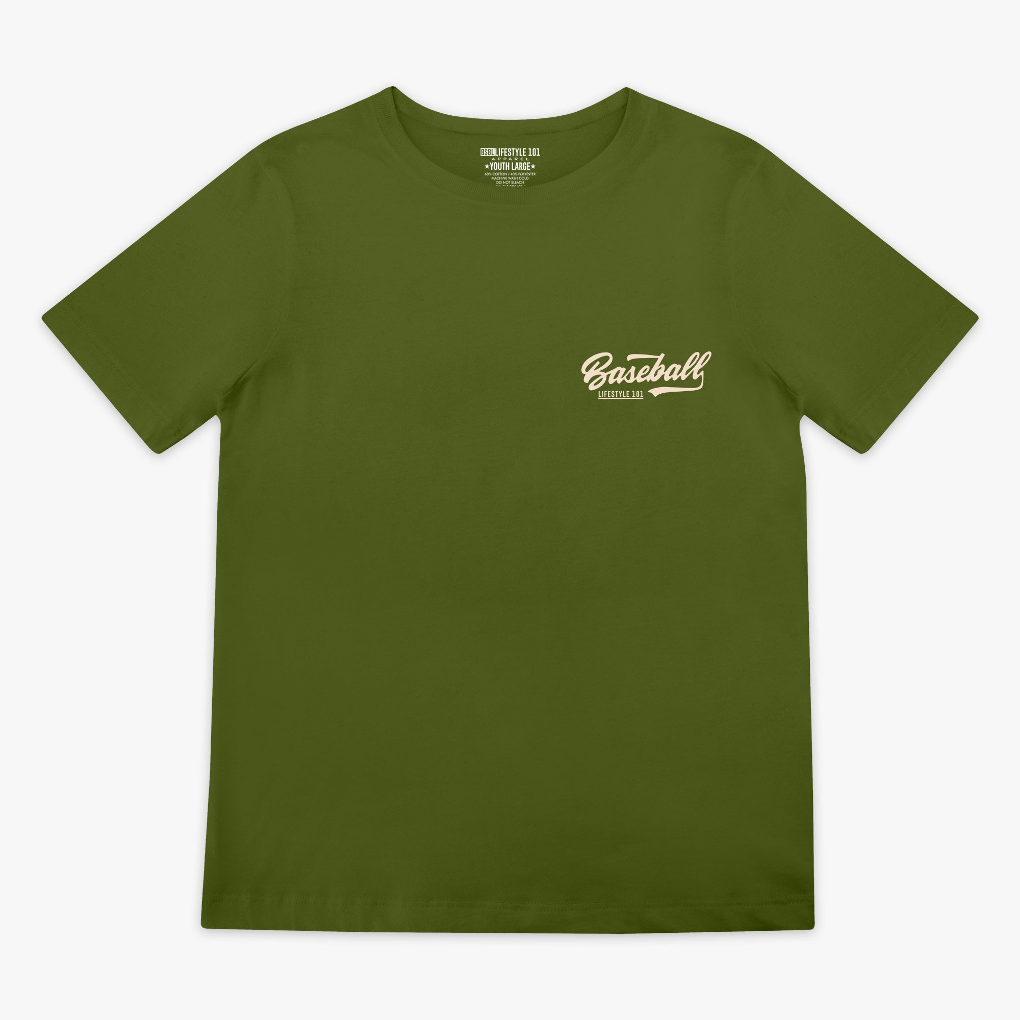 Olive green baseball graphic Youth T- Shirt with vintage white lettering that says 'Baseball Lifestyle 101' in top corner. 