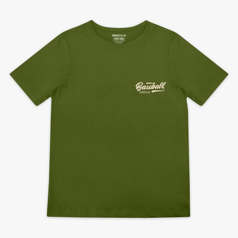 Olive green baseball graphic Youth T- Shirt with vintage white lettering that says 'Baseball Lifestyle 101' in top corner. 