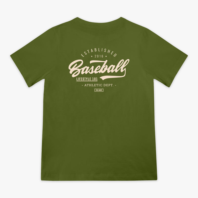 Olive green baseball graphic Youth T- Shirt with vintage white lettering that says 'Established 2016 Baseball Lifestyle 101 Athletic Dept. USA Made'. 