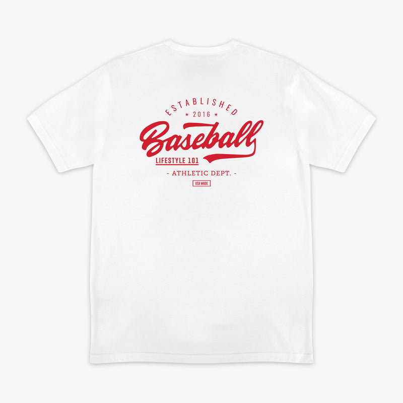 White t-shirt with red 'Baseball Lifestyle 101' text in the middle