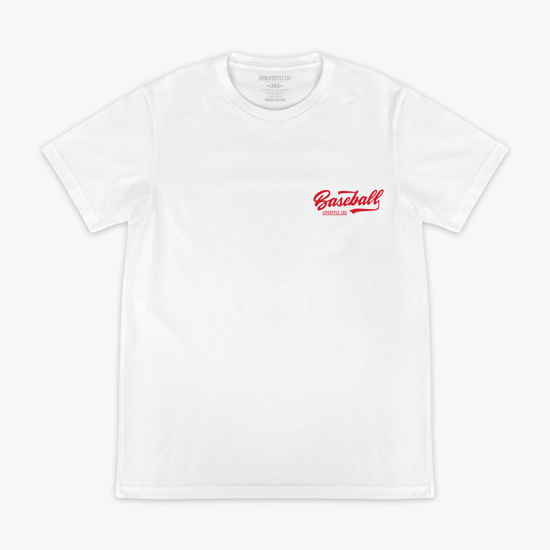 White t-shirt with red 'Baseball Lifestyle 101' text in the top corner