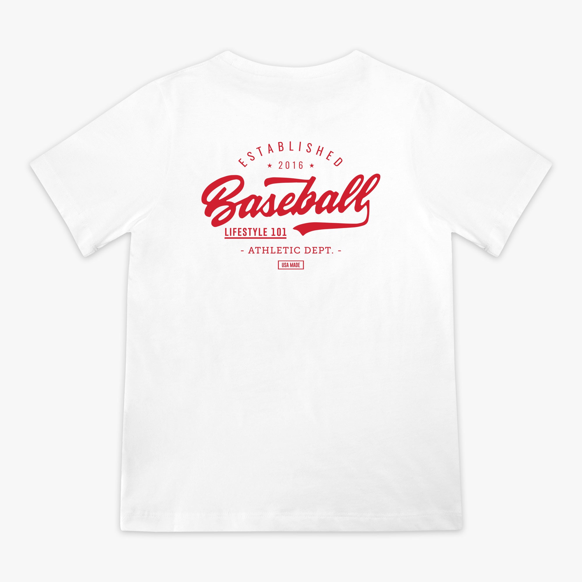White t-shirt with red 'Baseball Lifestyle' text on a white background