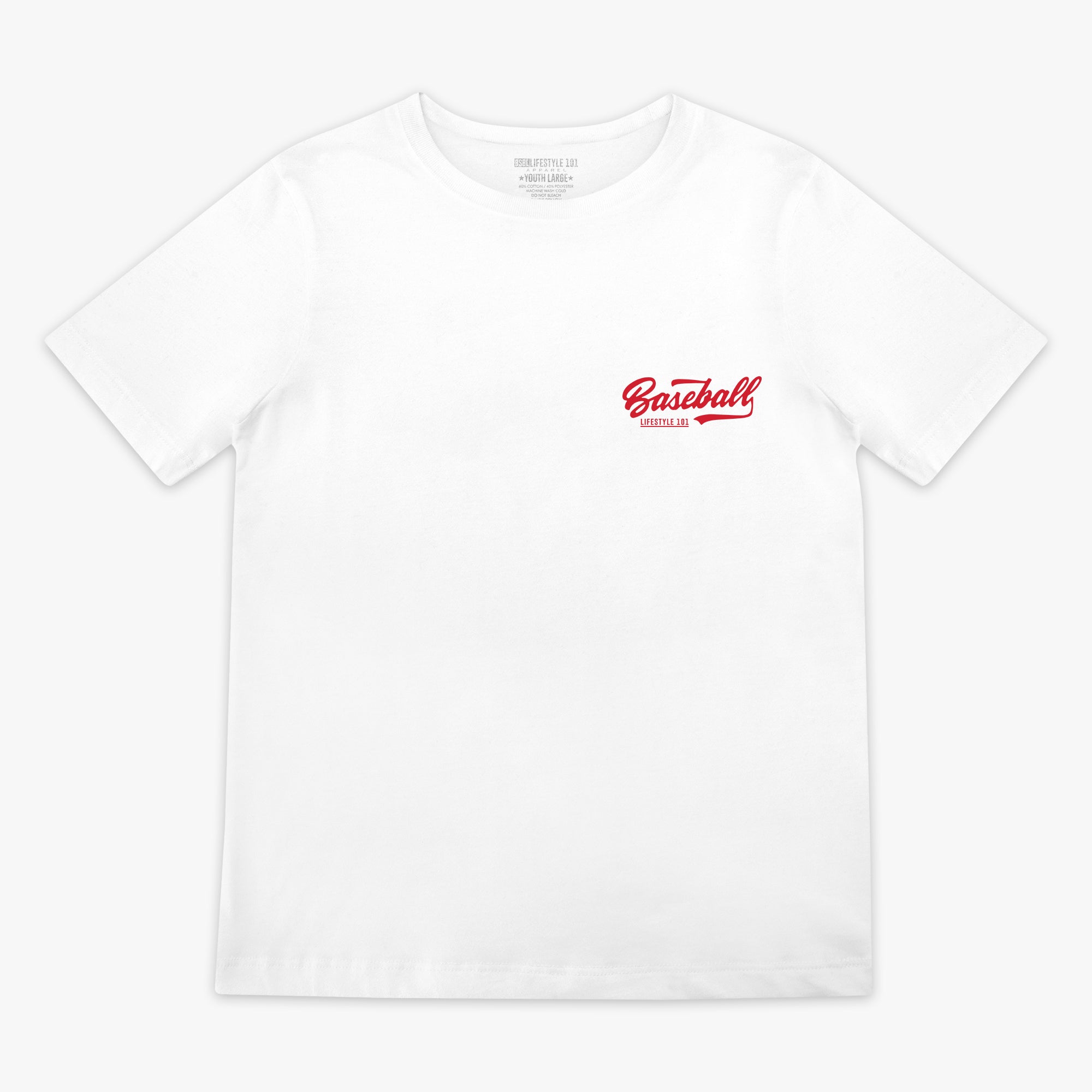 White t-shirt with red 'Baseball Lifestyle 101' text in top corner