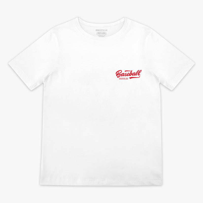 White t-shirt with red 'Baseball Lifestyle 101' text in top corner