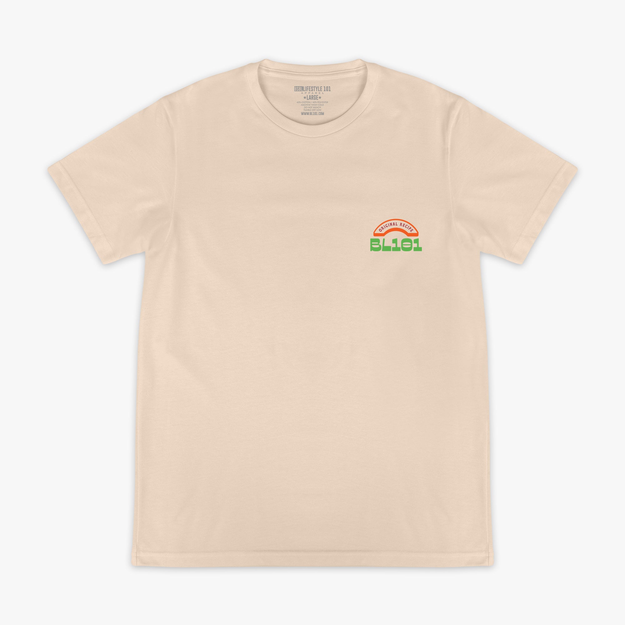 Beige t-shirt with a BL101 logo on the chest against a white background