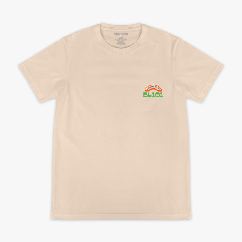 Beige t-shirt with a BL101 logo on the chest against a white background