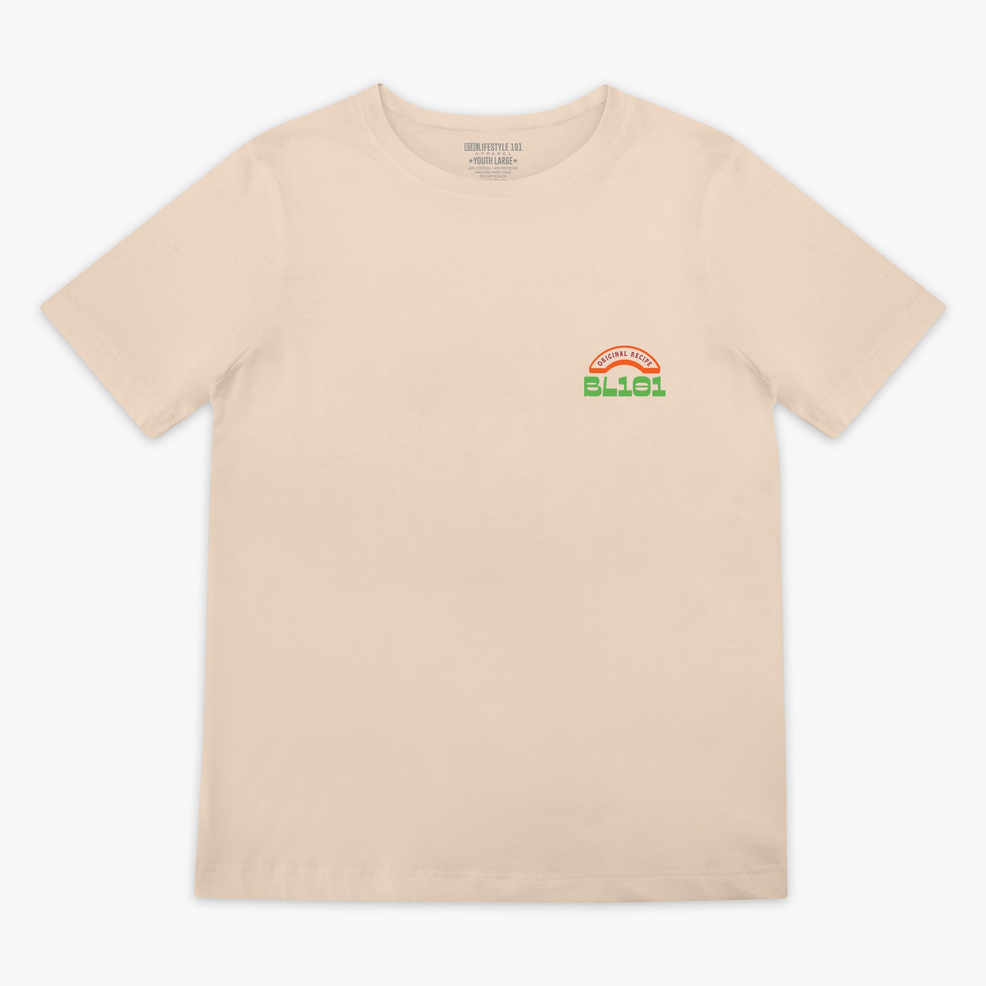 Beige t-shirt with a BL101 logo on the chest against a white background