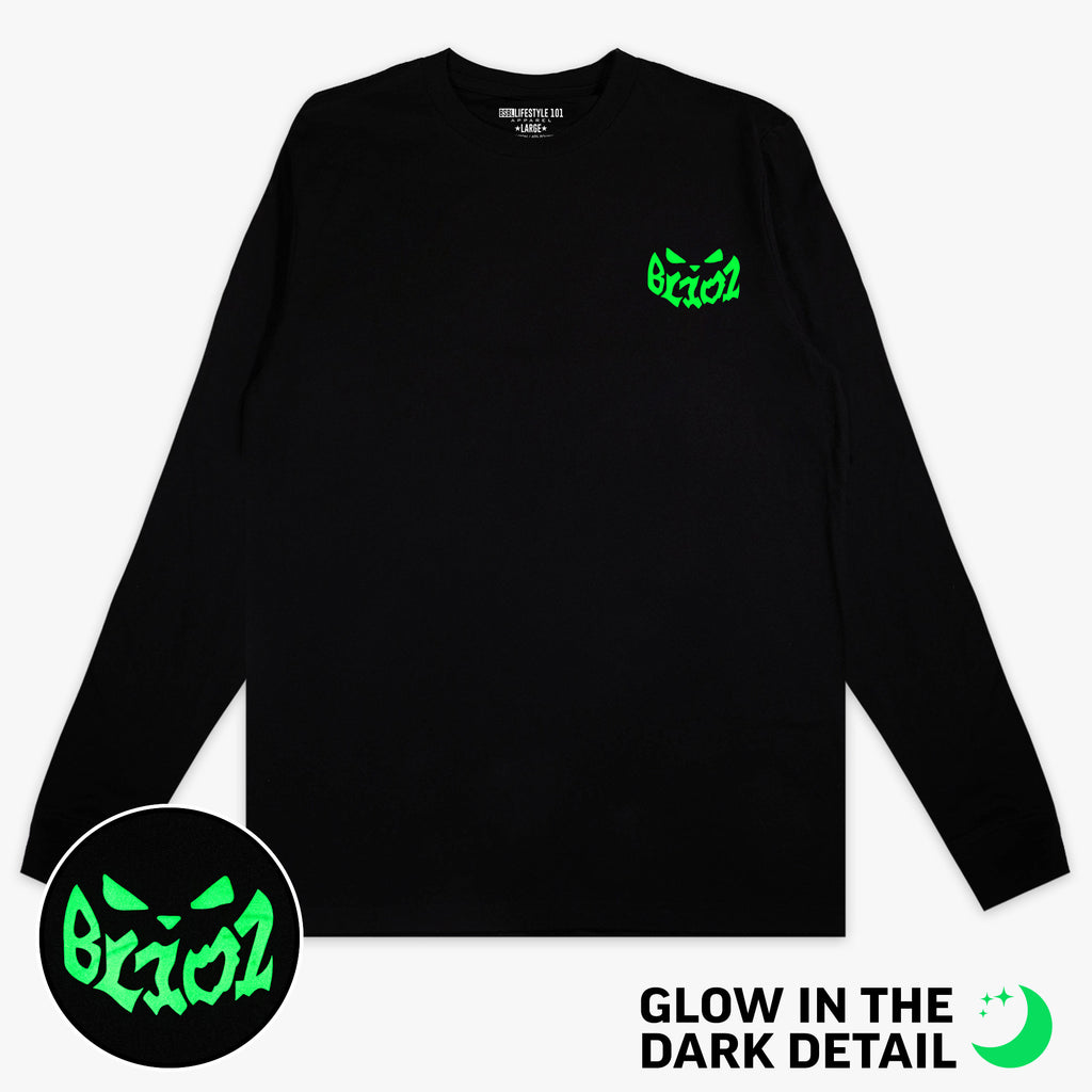 Black long sleeve tee with glow-in-the-dark "Jack O' Lantern Team" detail