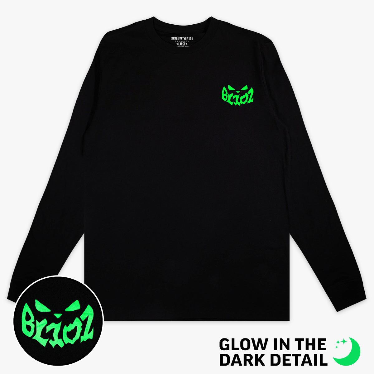Black long sleeve tee with glow-in-the-dark "Jack O' Lantern Team" detail