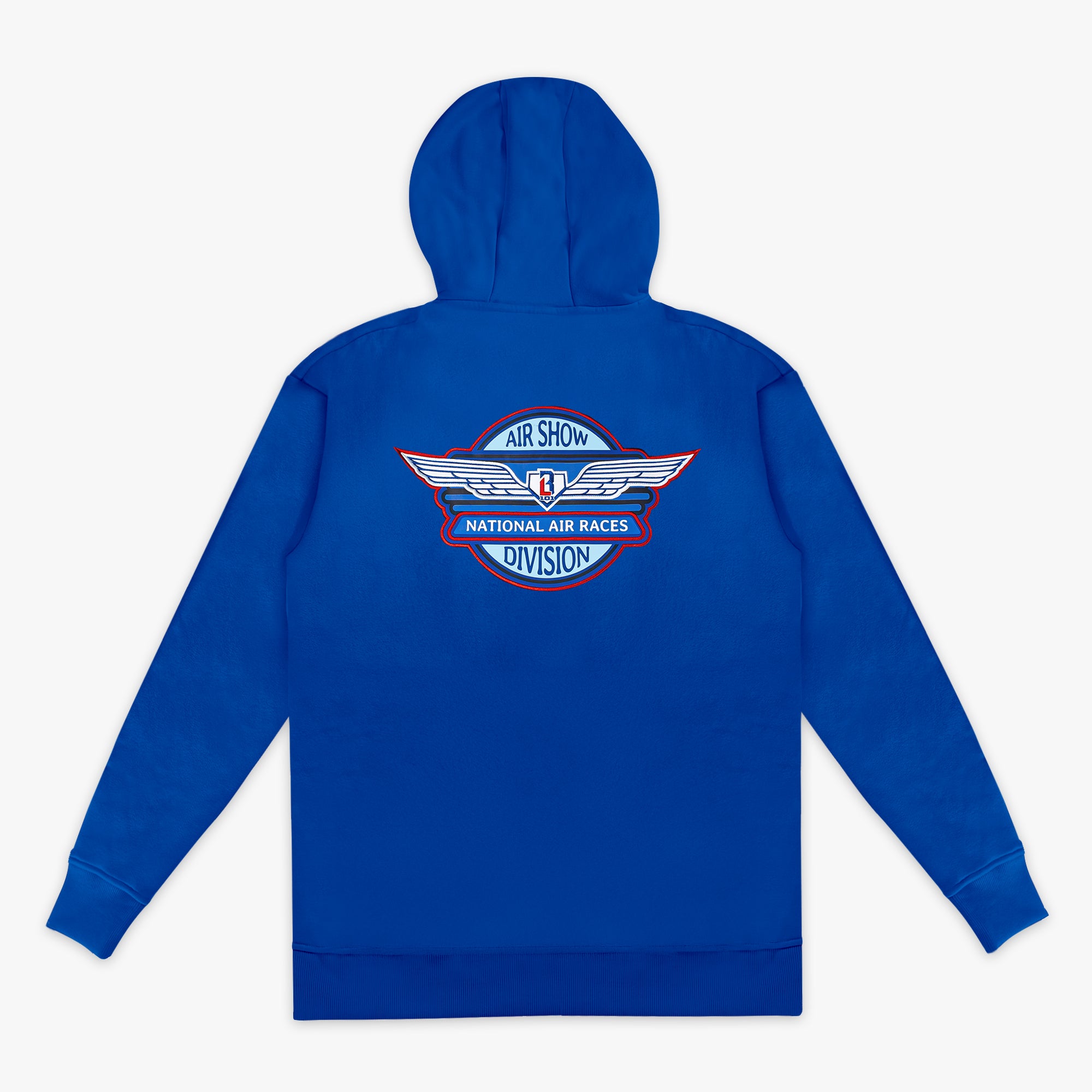 Royal blue pullover hoodie with large Air Show National Air Races Division winged circle badge in red white and blue on back on white background