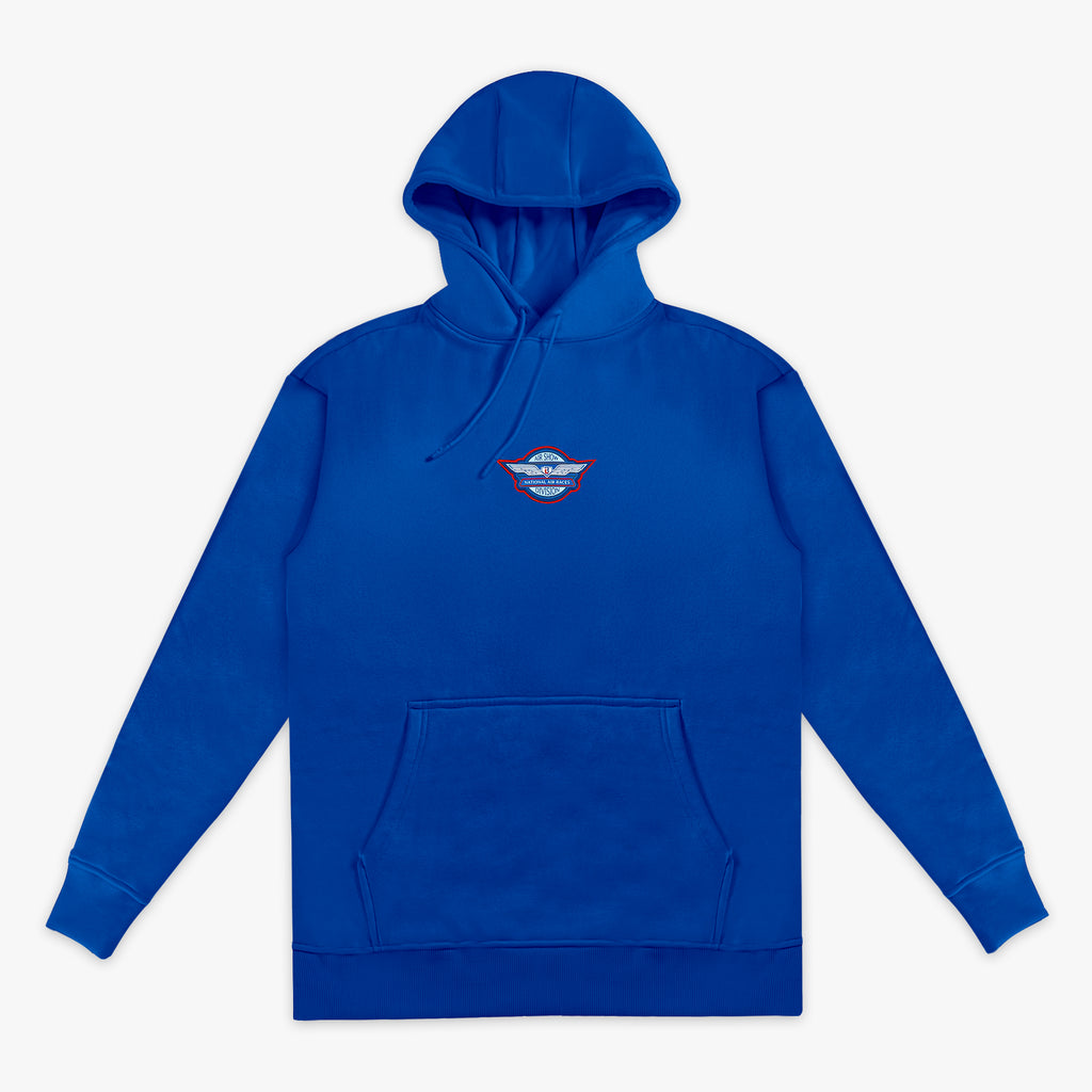 Royal blue pullover hoodie with Air Show National Air Races Division badge in red white and blue on center chest and kangaroo pocket on white background