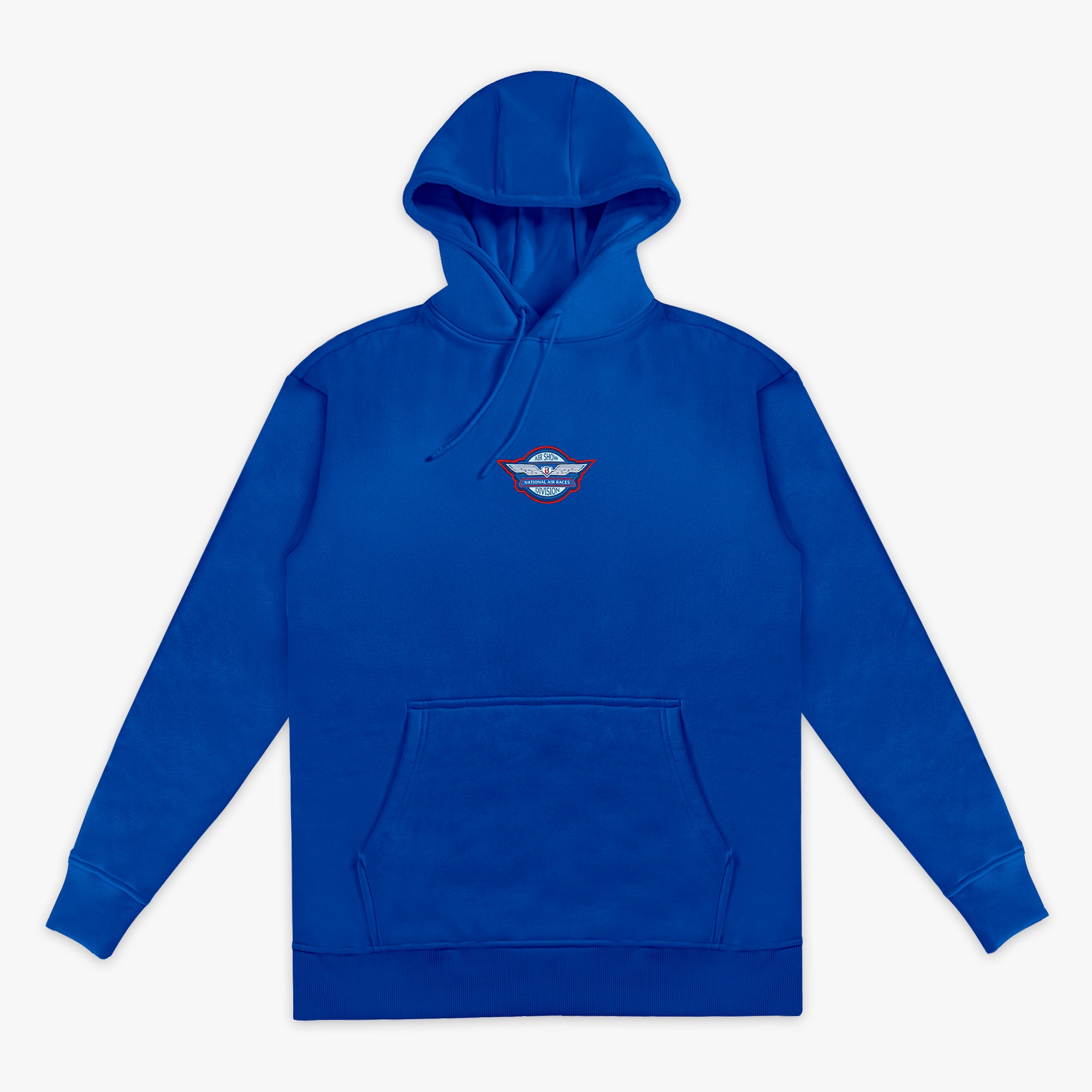 Royal blue pullover hoodie with Air Show National Air Races Division badge in red white and blue on center chest and kangaroo pocket on white background