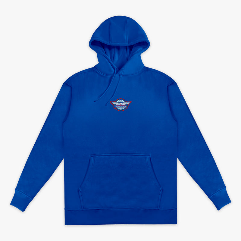 Royal blue pullover hoodie with Air Show National Air Races Division badge in red white and blue on center chest and kangaroo pocket on white background