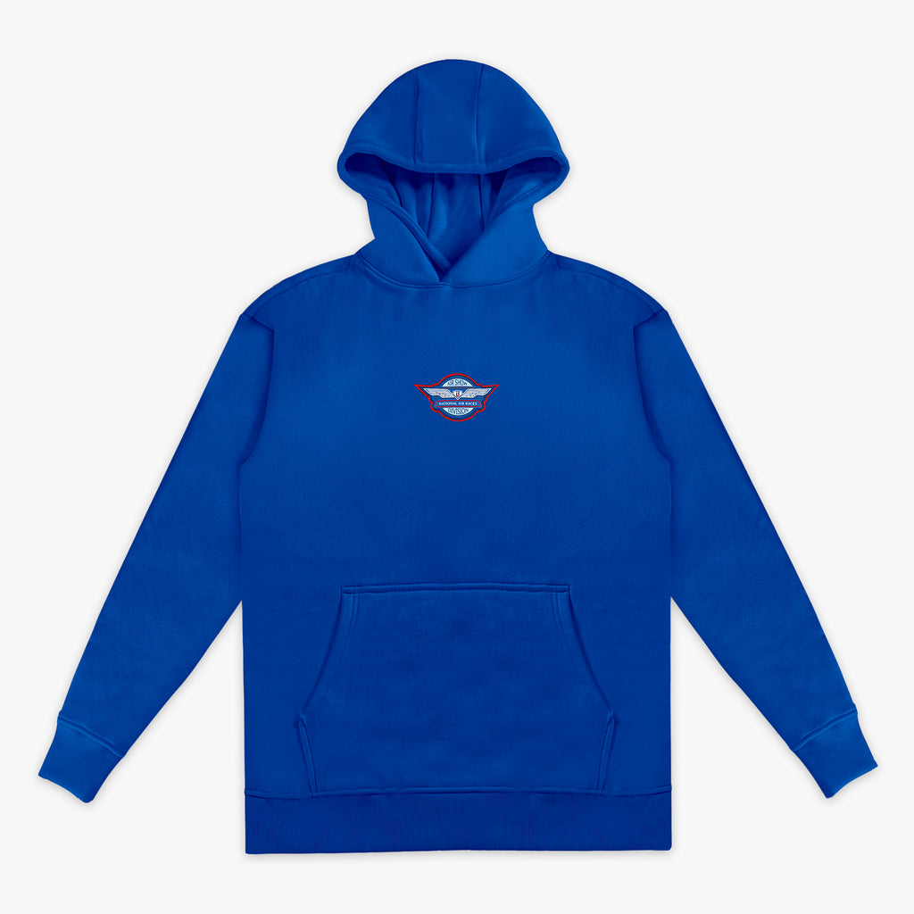 Royal blue youth pullover hoodie with Air Show National Air Races Division badge in red white and blue on center chest and kangaroo pocket on white background