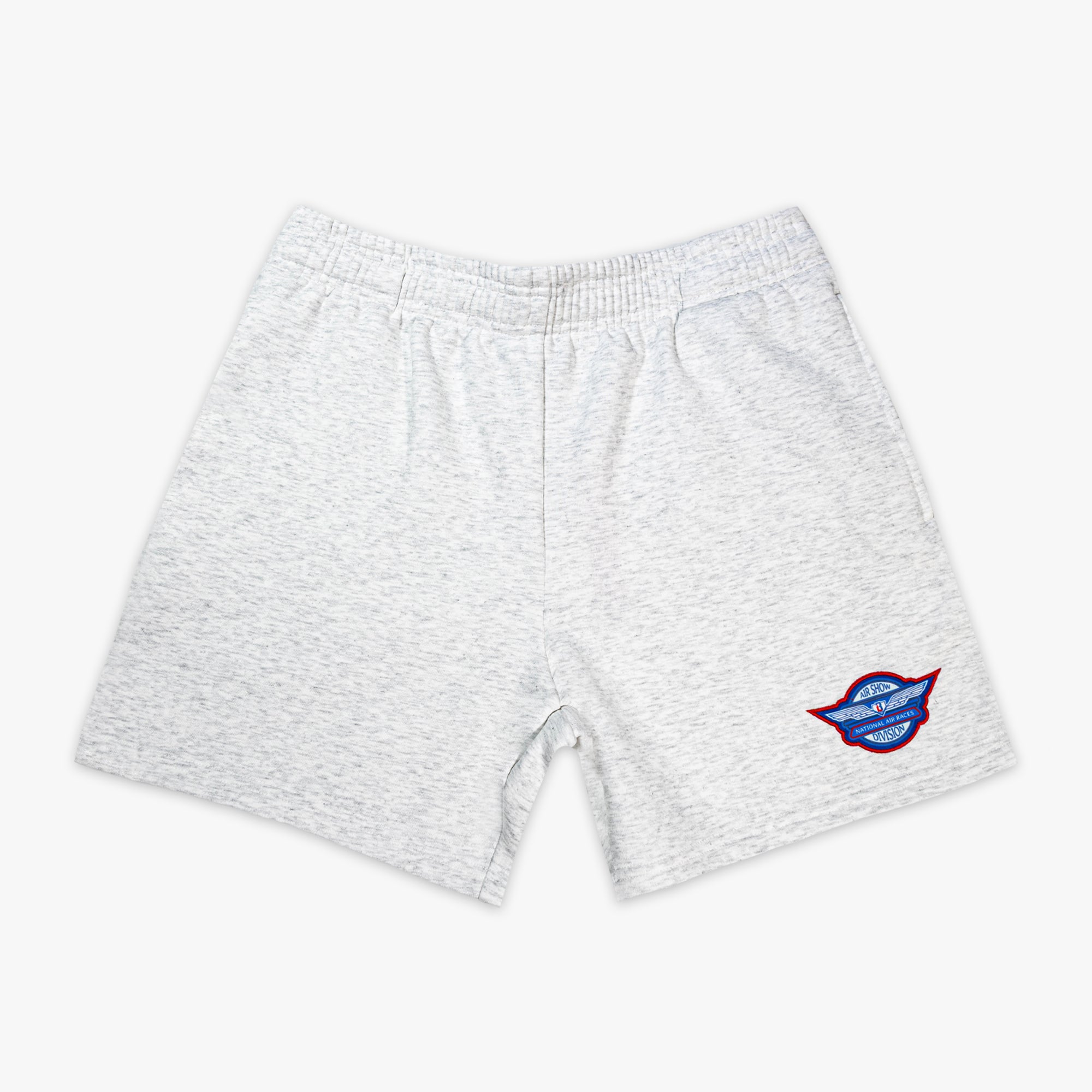 Heather gray fleece shorts with elastic waistband and Air Show National Air Races Division badge embroidered on left leg on white background