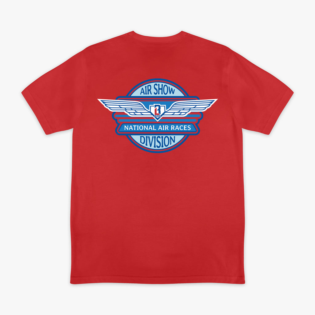 Red short sleeve tee with large Air Show National Air Races Division winged circle badge in blue and white on white background