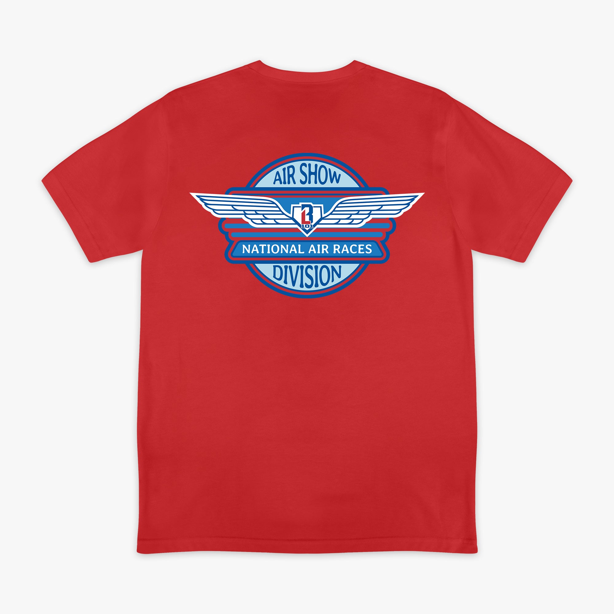 Red short sleeve tee with large Air Show National Air Races Division winged circle badge in blue and white on white background