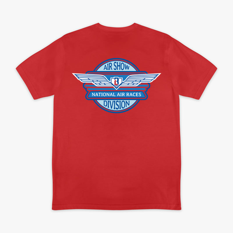 Red short sleeve tee with large Air Show National Air Races Division winged circle badge in blue and white on white background