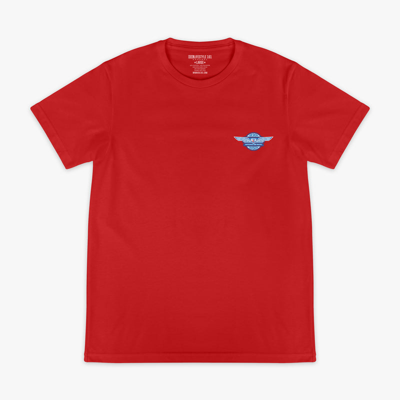 Red short sleeve tee with Air Show National Air Races Division winged badge graphic on left chest on white background