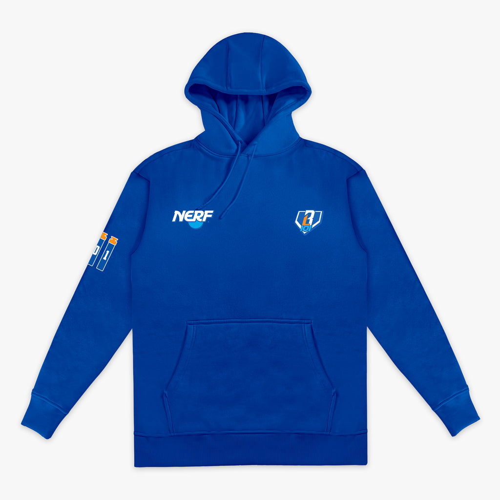 Blue hoodie with NERF X BL101 branding on a white background