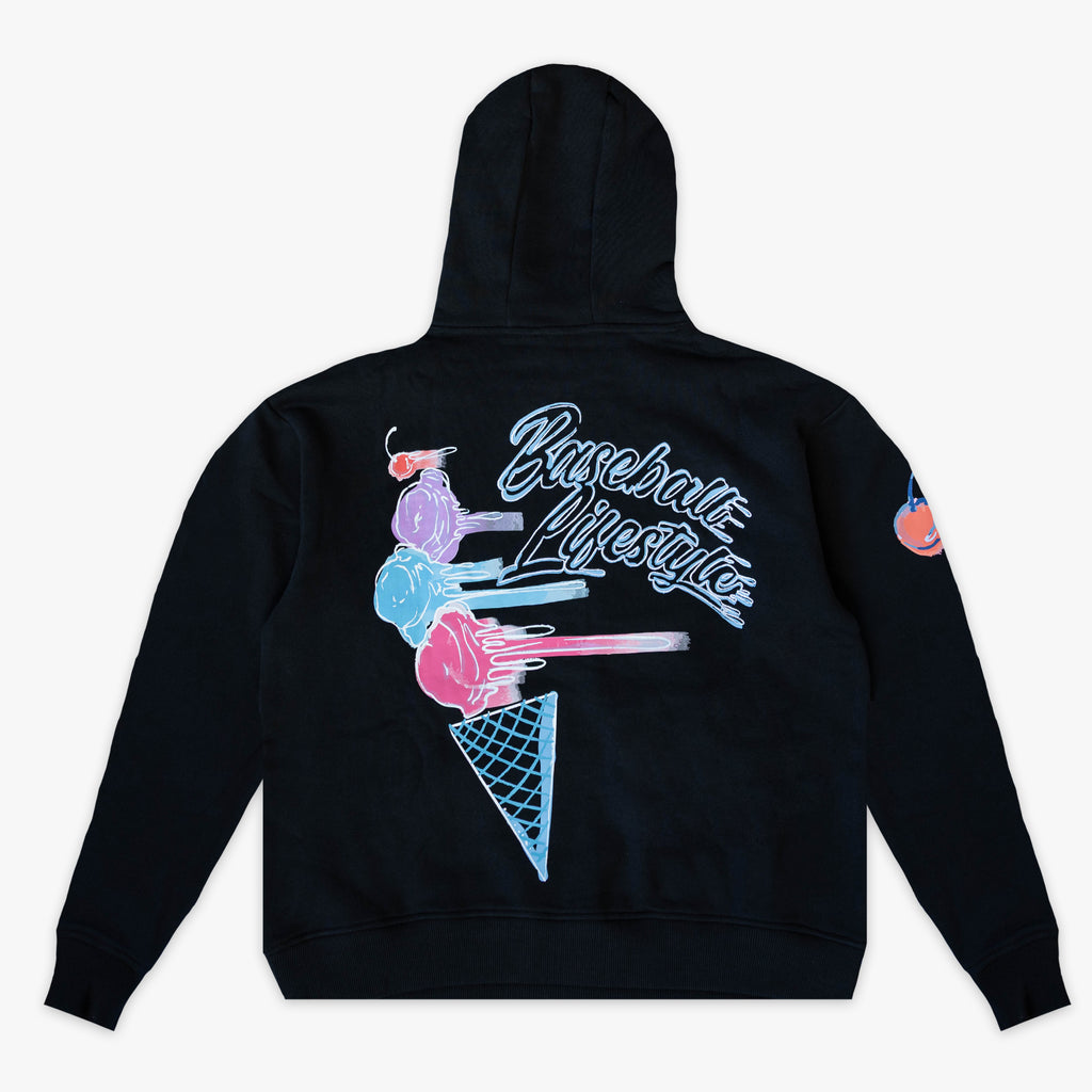 Black Fastball Scoops youth hoodie — back view