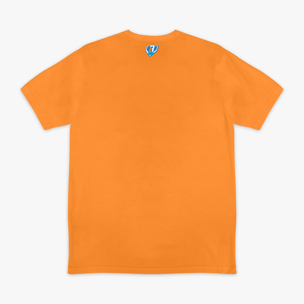 Orange t-shirt with a small BL101 logo on the back against a white background