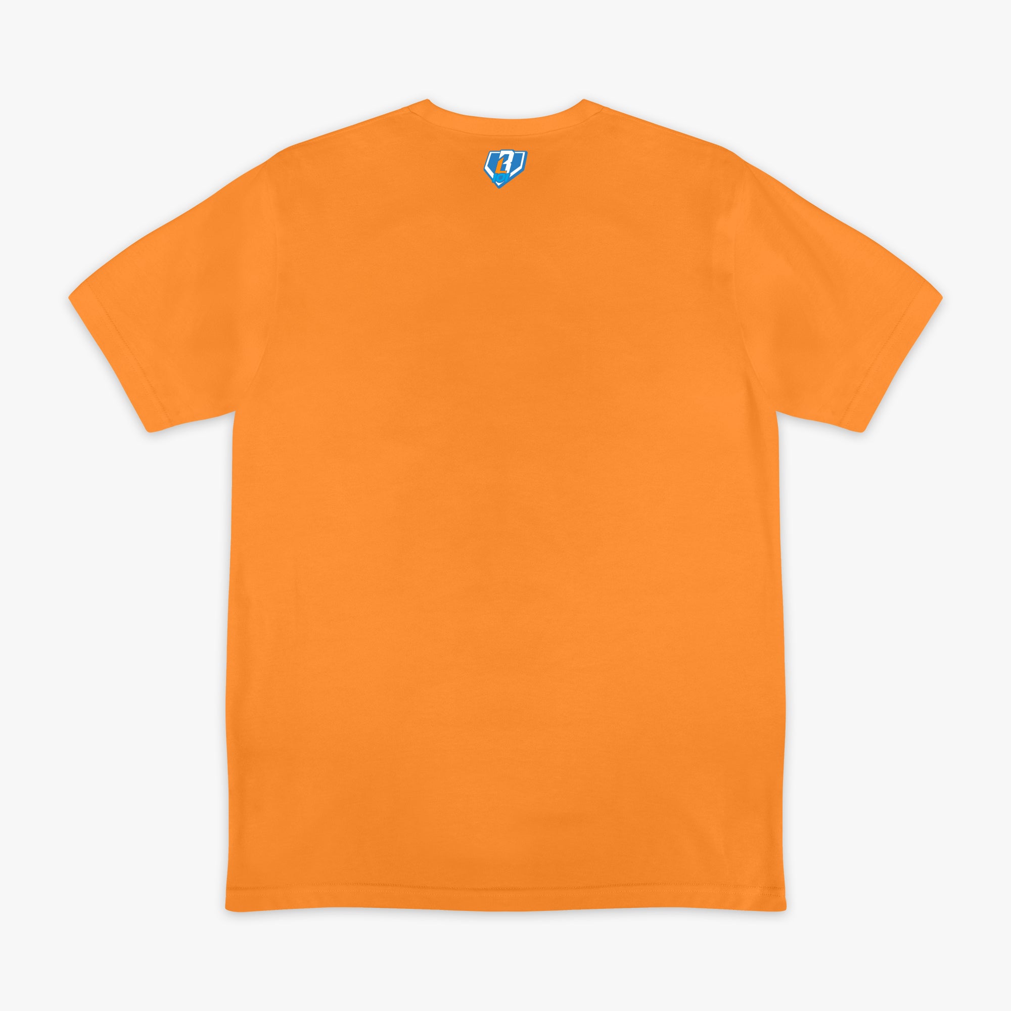 Orange t-shirt with a small BL101 logo on the back against a white background