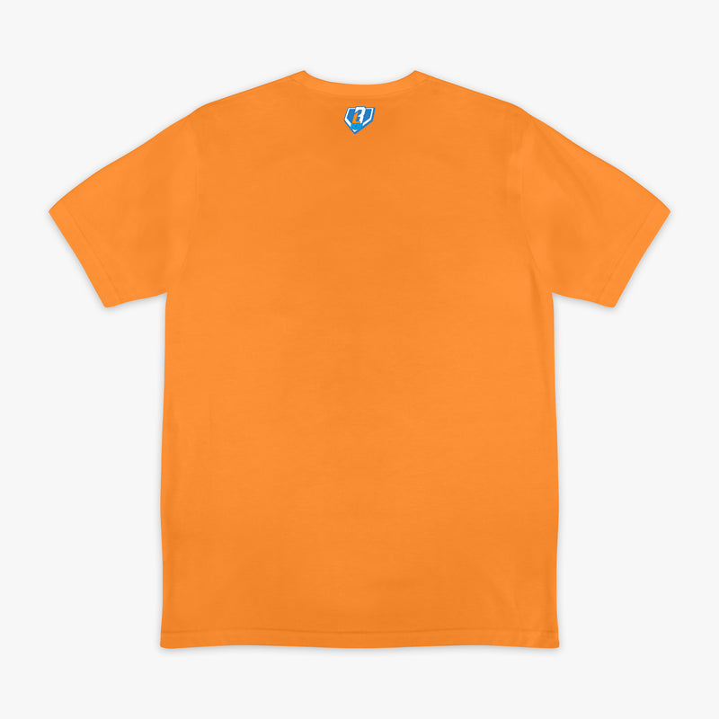 Orange t-shirt with a small BL101 logo on the back against a white background