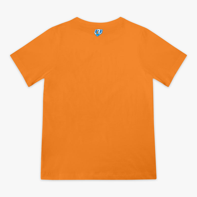 Orange t-shirt with a small BL101 logo on the back against a white background