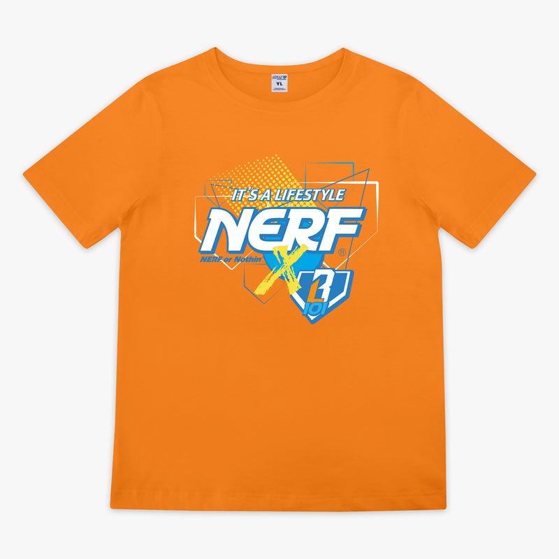 Orange t-shirt with NERF X BL101 it's a lifestyle  branding on a white background