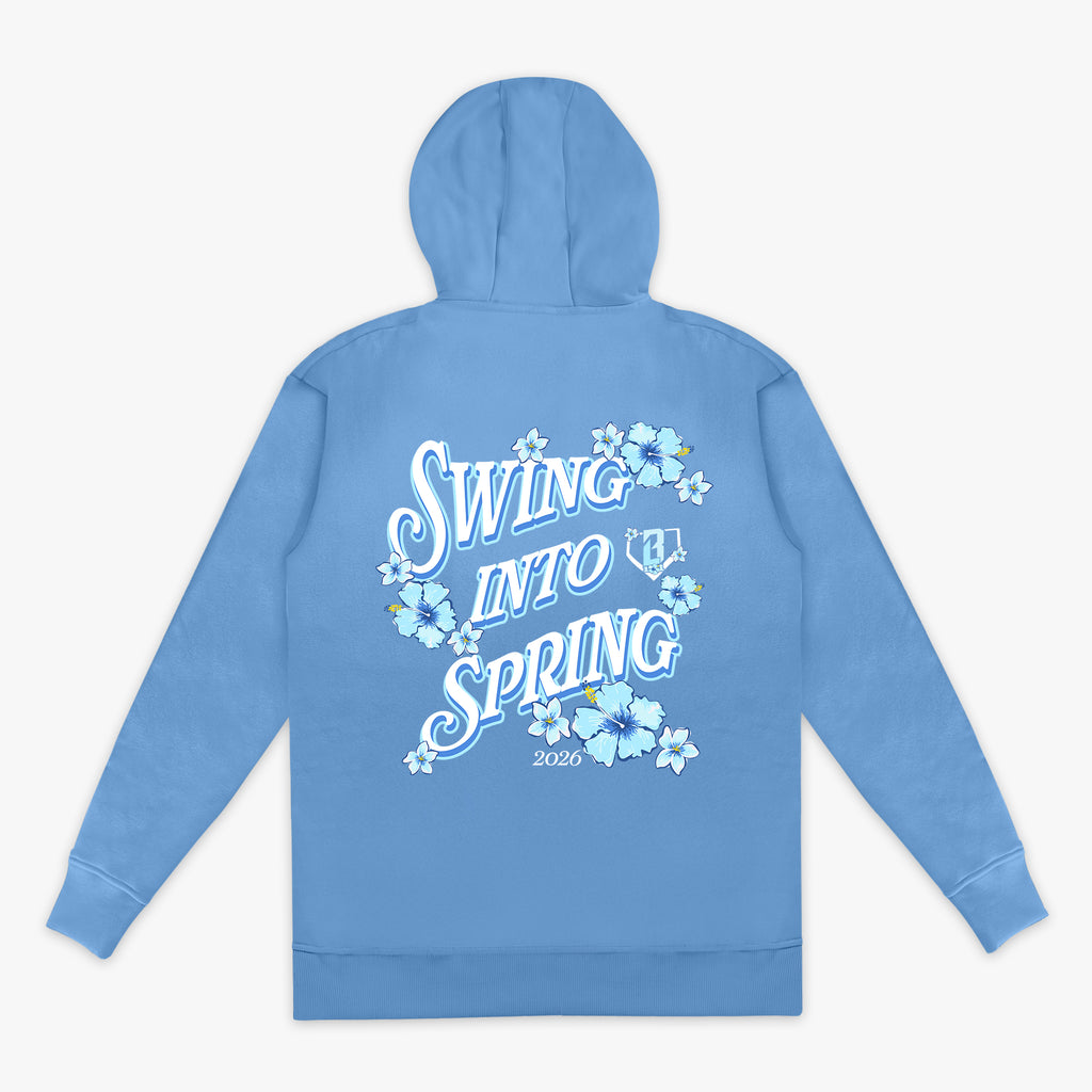 Blue hoodie with 'Swing Into Spring 202' text and floral design on a white background