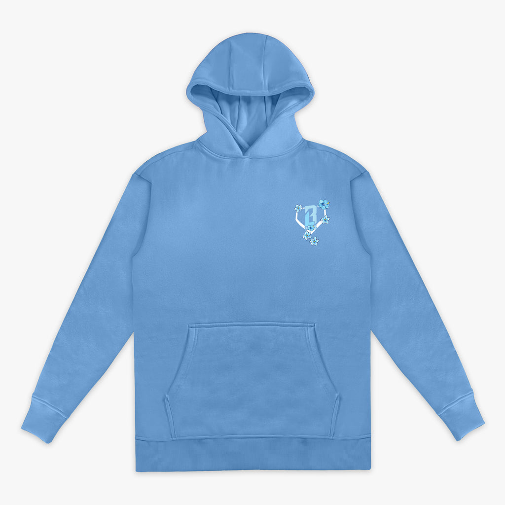 Light blue hoodie with a small floral BL101 logo on the chest against a white background