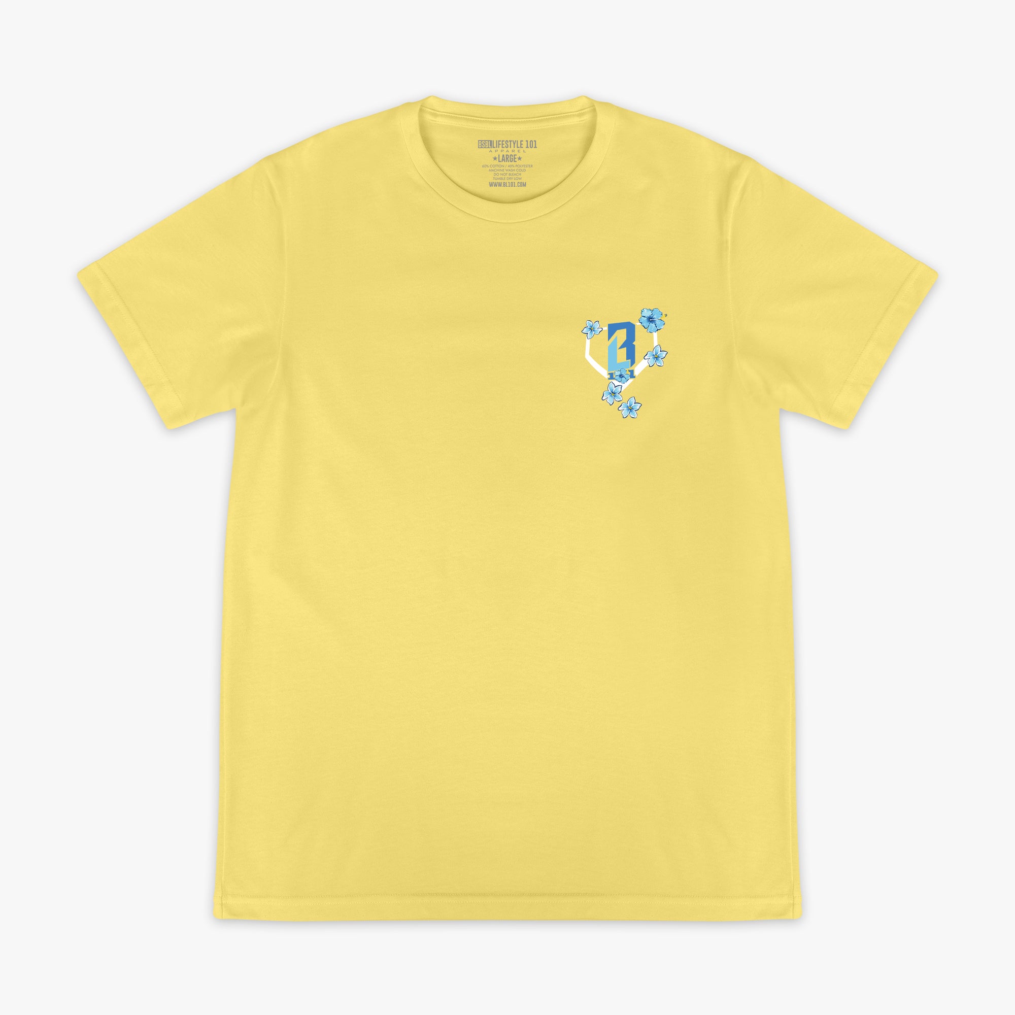 Yellow t-shirt with a blue floral design and BL101 logo on a white background