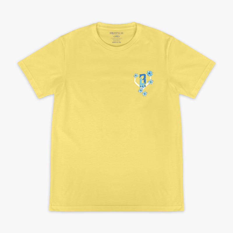 Yellow t-shirt with a blue floral design and BL101 logo on a white background