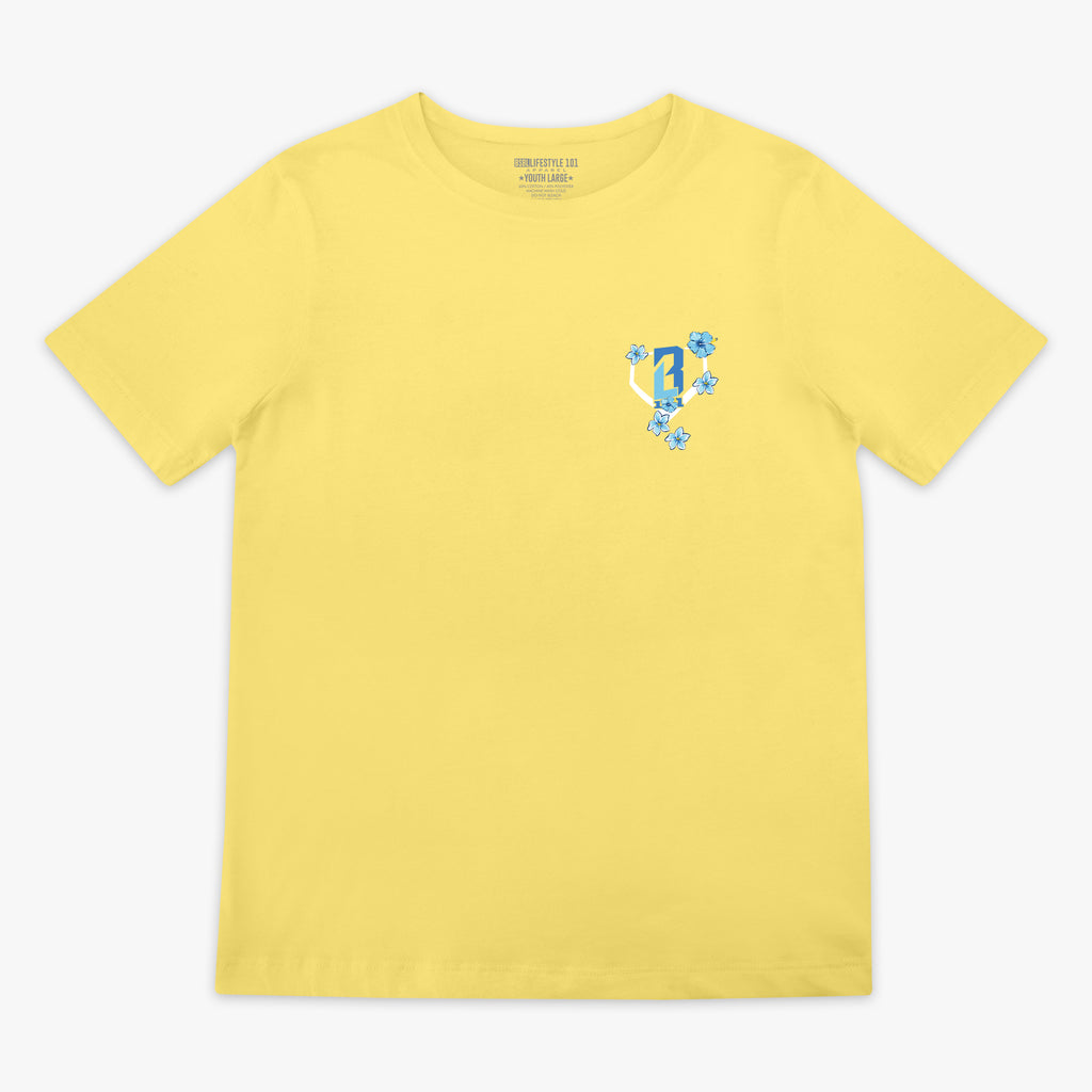 Yellow t-shirt with a blue floral design and BL101 logo on a white background