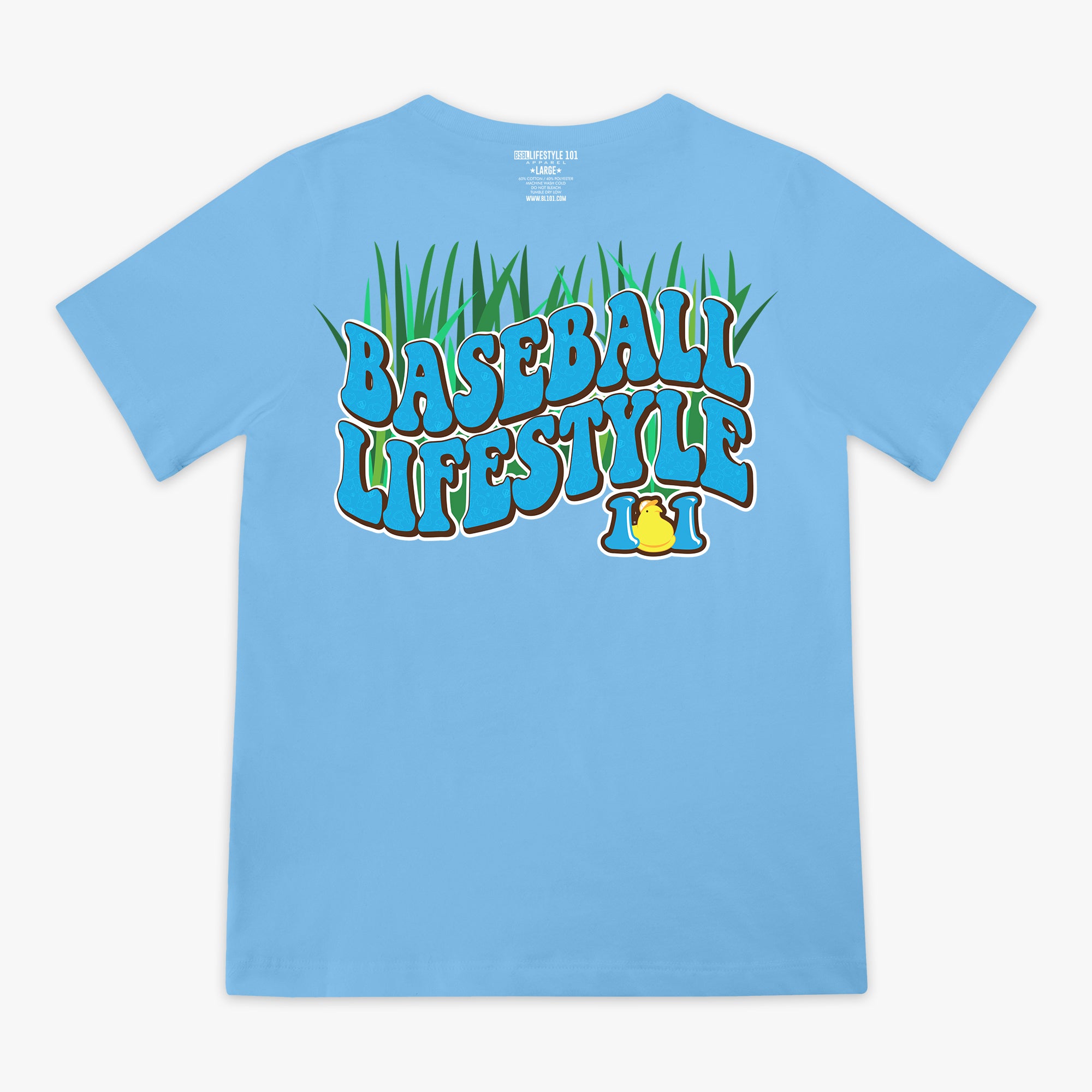 Light blue t-shirt with 'Baseball Lifestyle' text and peeps graphic design on a white background