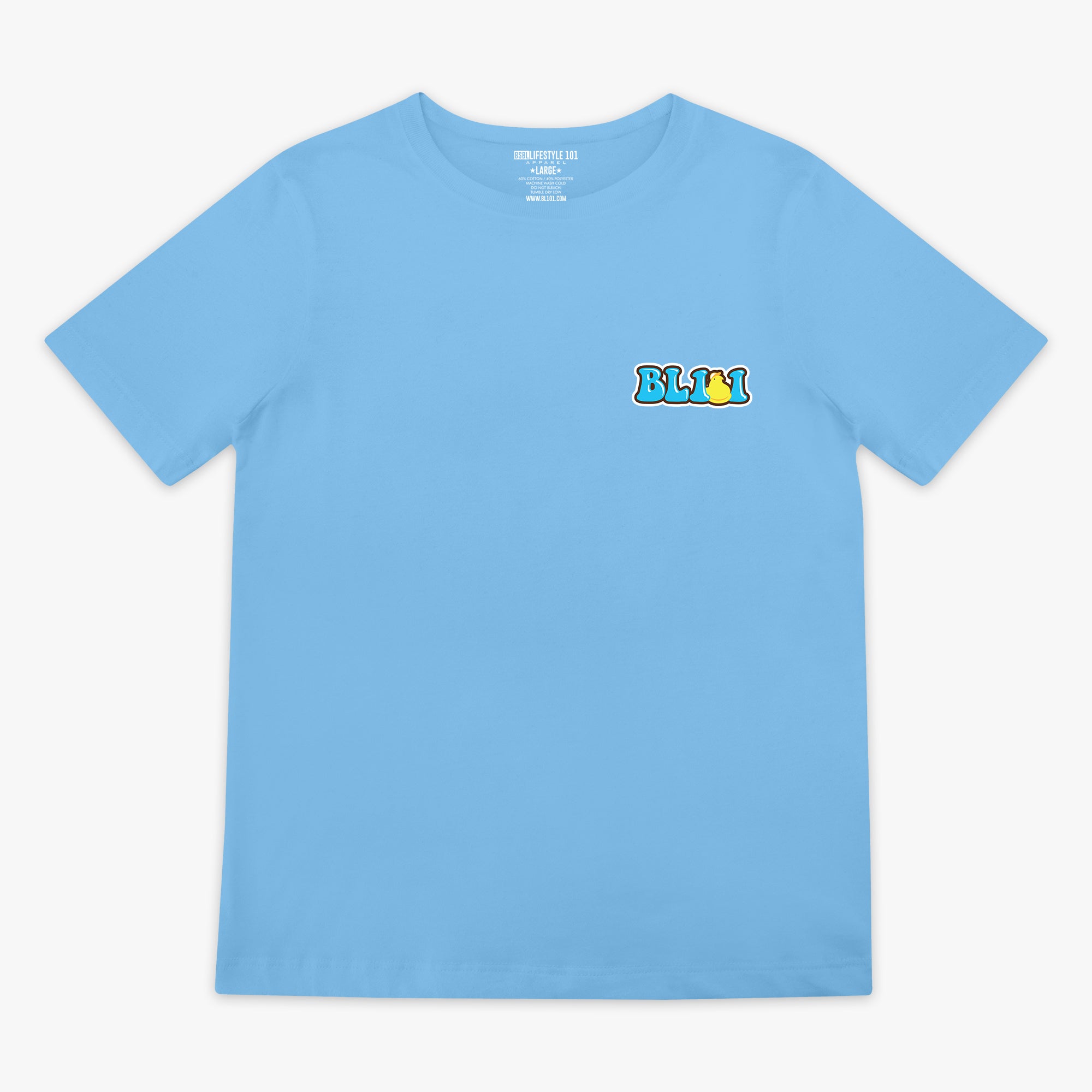 Light blue t-shirt with colorful 'BL101' peeps logo on a white background