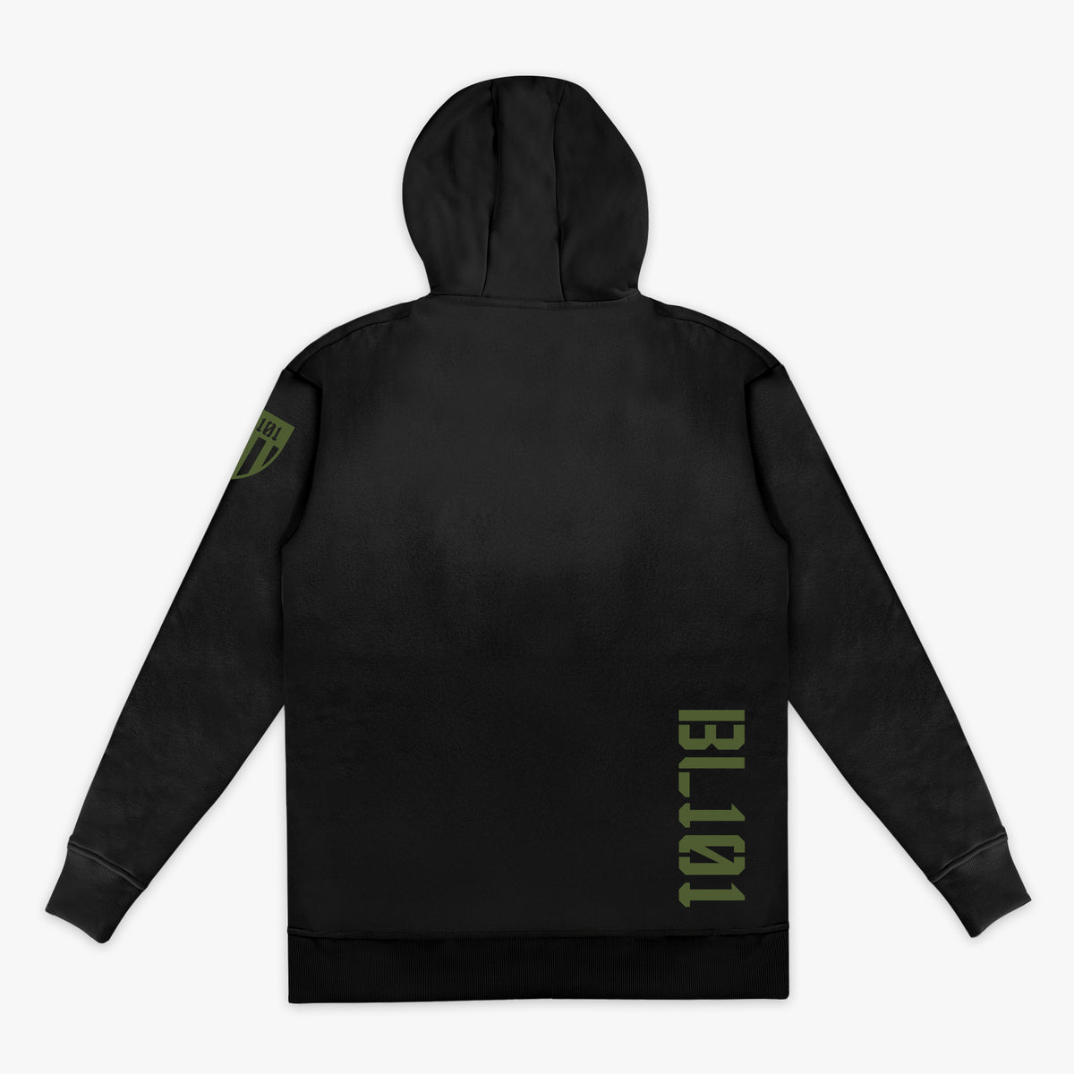 Black Youth hoodie with an olive green BL101 logo on the bottom right of the back and an olive green BL101 Armor logo on the sleeve