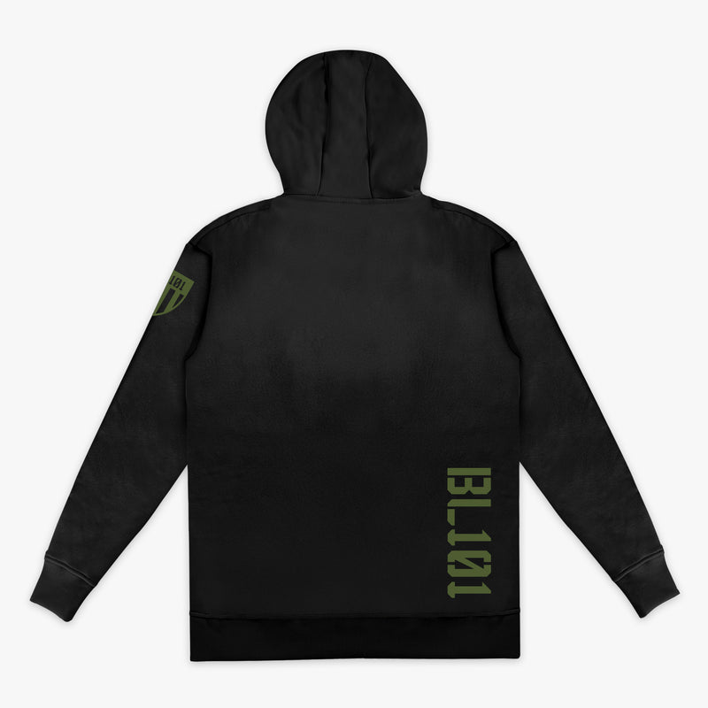 Black Youth hoodie with an olive green BL101 logo on the bottom right of the back and an olive green BL101 Armor logo on the sleeve
