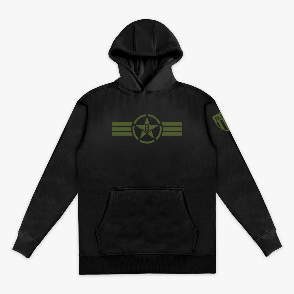 Black Youth hoodie with olive green BL101 star logo on chest and olive green BL101 armor logo on arm sleeve