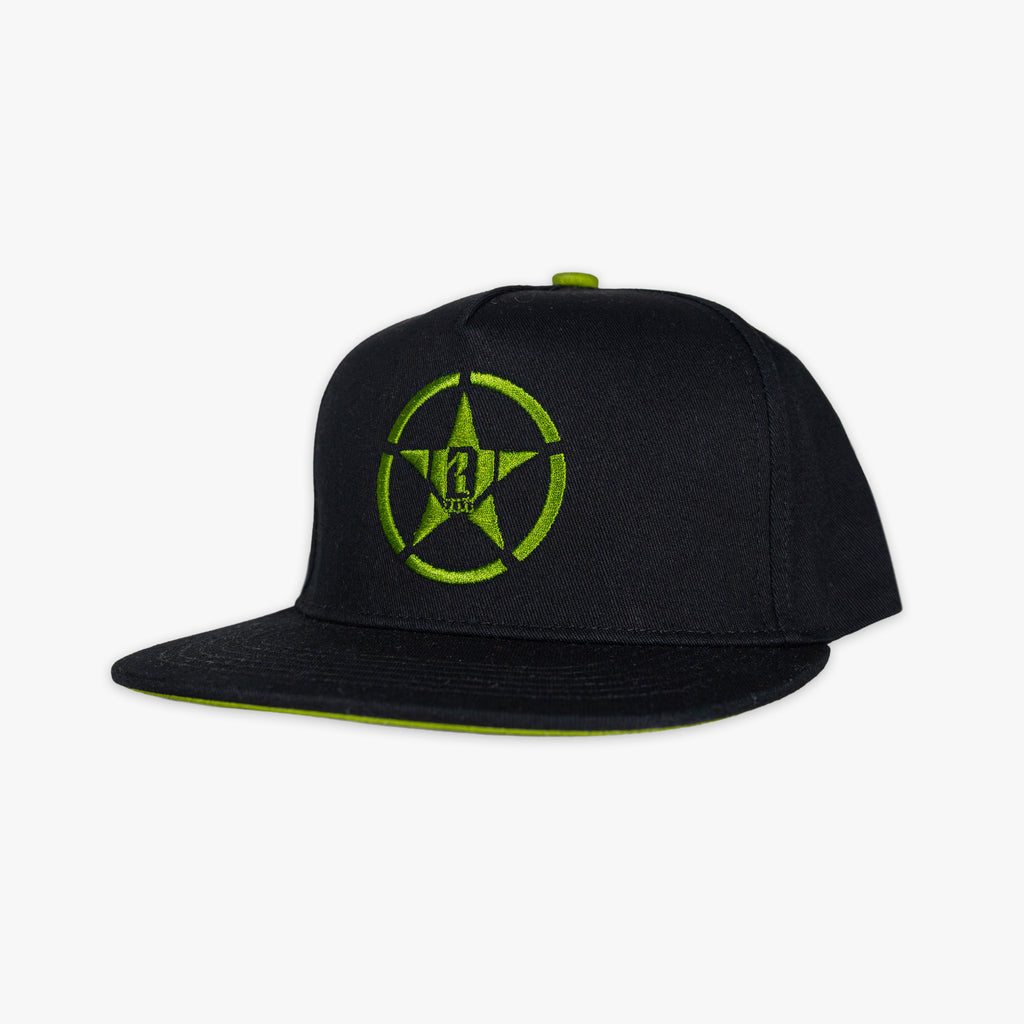 Black snapback hat with neon green embroidered star, BL101 logo design on the front, and neon green underbrim detail

