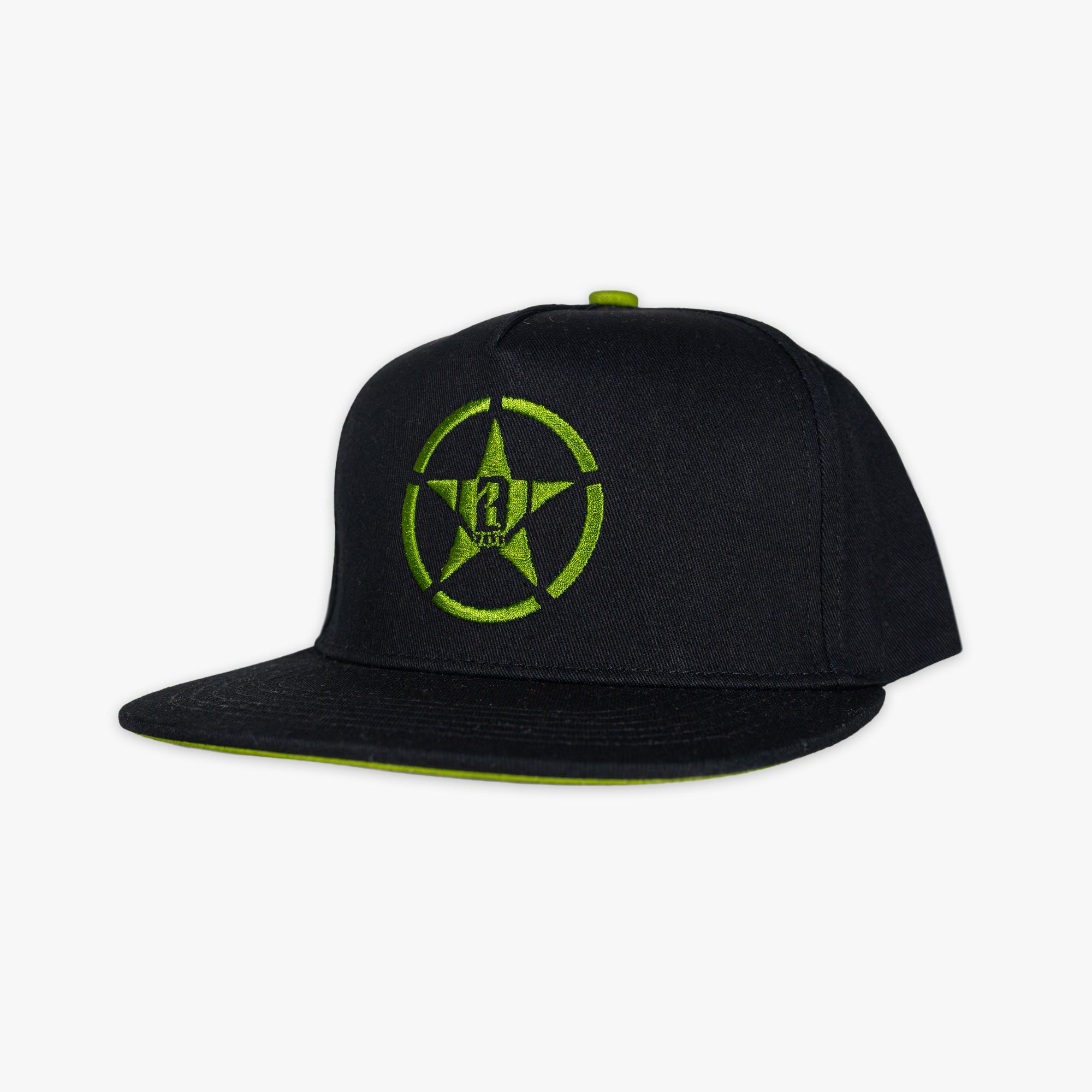 Black snapback hat with neon green embroidered star, BL101 logo design on the front, and neon green underbrim detail
