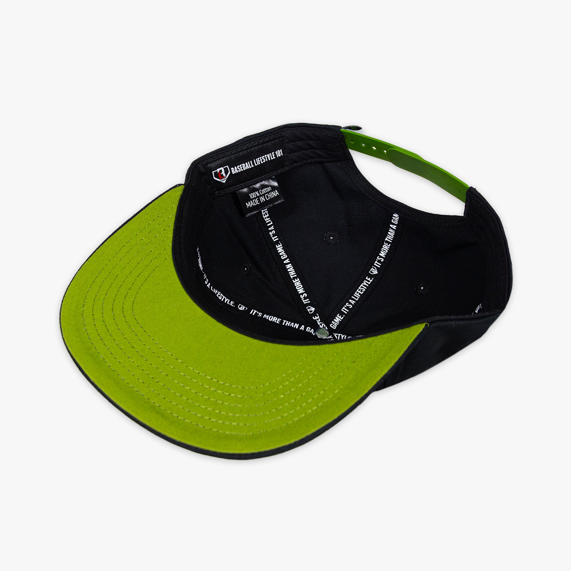 Black snapback hat with neon green embroidered star, BL101 logo design on the front, and neon green underbrim detail
