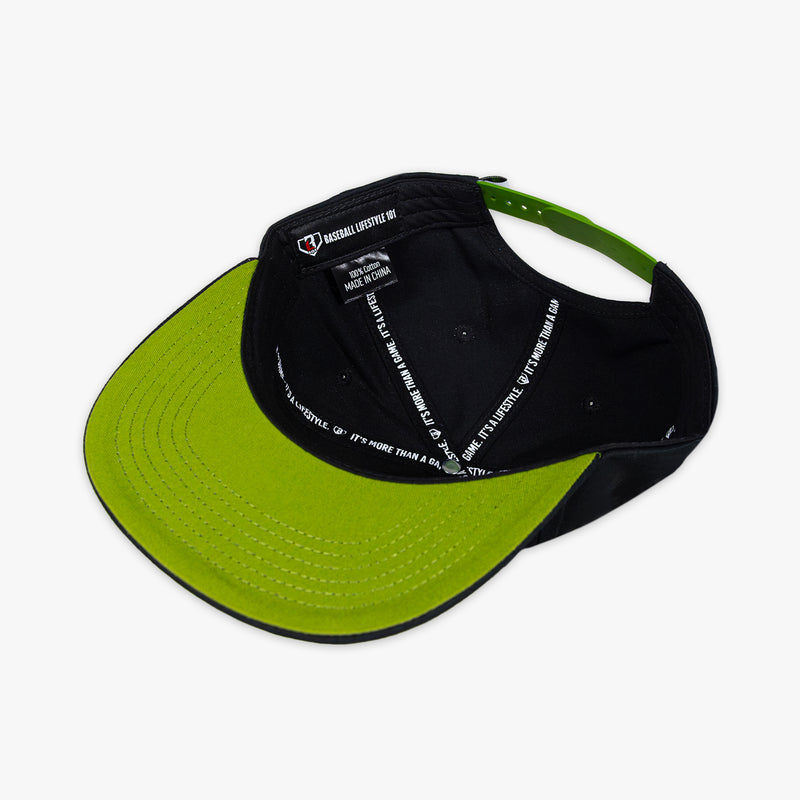Black snapback hat with neon green embroidered star, BL101 logo design on the front, and neon green underbrim detail
