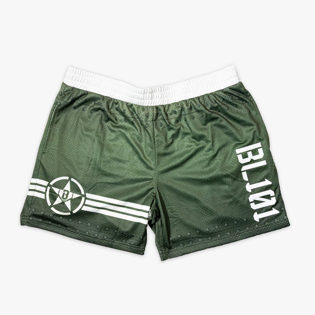 Green athletic shorts with a white waistband, white BL101 logo on the side, and a white BL101 star logo with stripes on the bottom