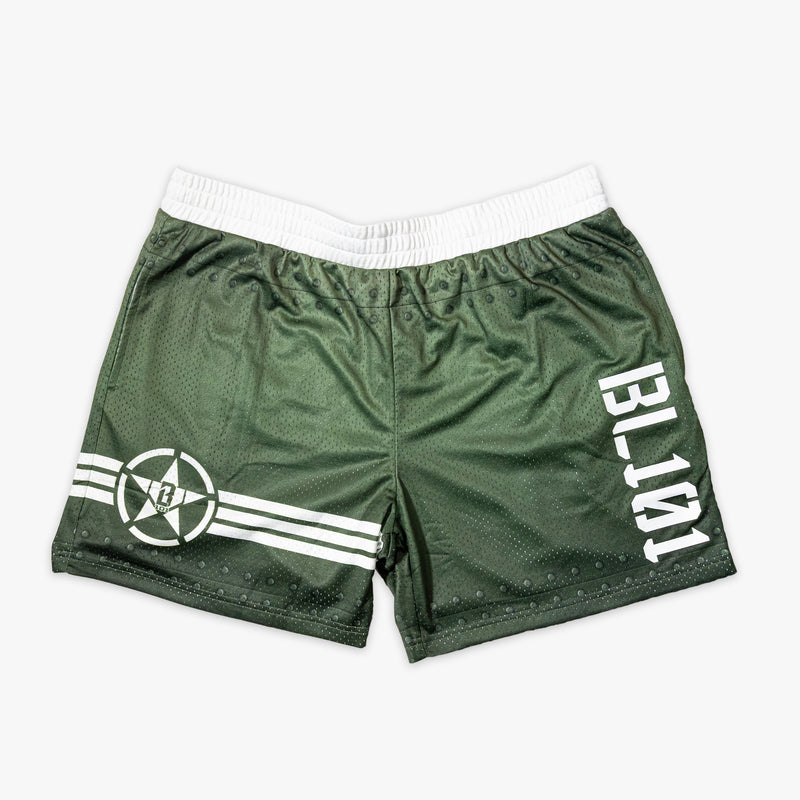 Green athletic shorts with a white waistband, white BL101 logo on the side, and a white BL101 star logo with stripes on the bottom